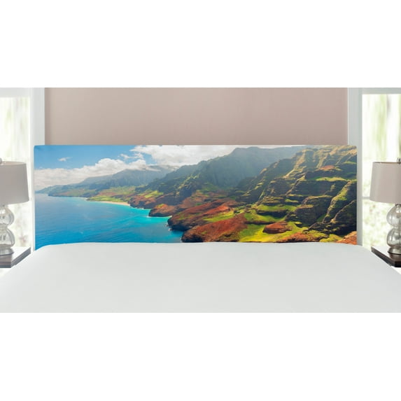 Hawaiian Headboard, Na Pali Coast on Kauai Island Water Sunshines Foggy Cloudscape Panorama, Upholstered Decorative Metal Bed Headboard with Memory Foam, King Size, Blue Green Brown, by Ambesonne