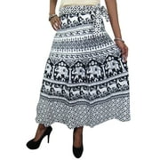 Mogul Women's Wrap Around Skirt White Block Printed Cotton Indian Wrap Dress Skirts
