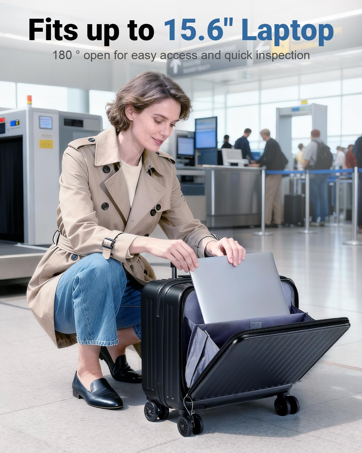 Leke Carry On Luggage 22x14x9 Airline Approved, 20 Inch Hard Shell Suitcase with TSA Lock, Front Pocket & Spinner Wheels for Business Travel, Black