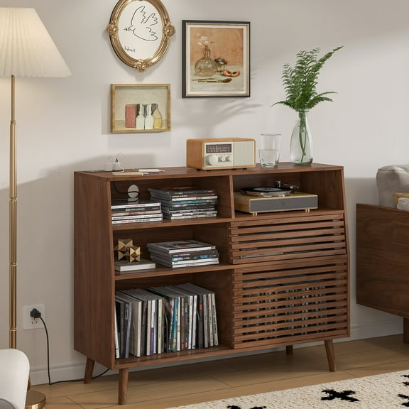 Lisicues Record Player Stand with Vinyl Storage, Turntable Stand Table, Power Outlet, Sliding Door