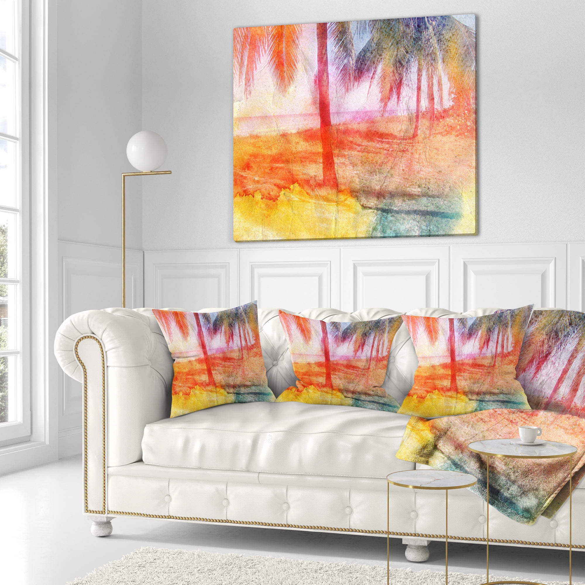 Designart Red Retro Palm Trees - Landscape Painting Throw Pillow - 16x16