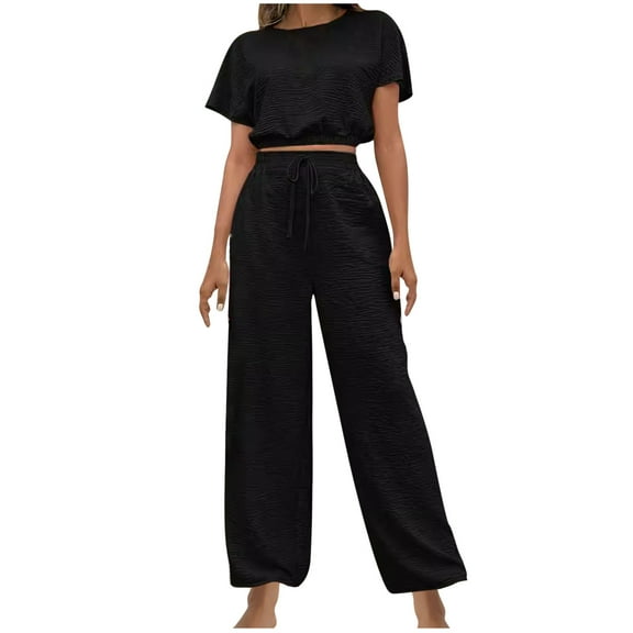 Fashion Plus Size 2 Picec of Sets for Womens Solid Color Drawstring Short Sleeved Round Neck Top With Pants Set