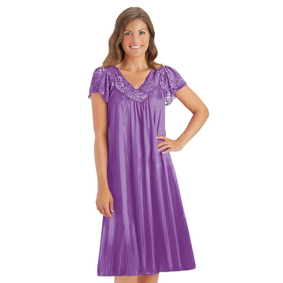 Collections Etc Women's Silky Lace Neckline Tricot Gown Purple X-Large