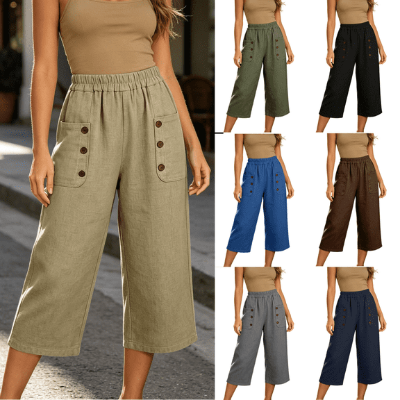 Yuanlook Women's Elastic Waist Button‑Decor Pocket Cropped Pants, Linen‑Blend Wide Leg Capri Pants for Daily Commute and City Strolling S‑XXXL