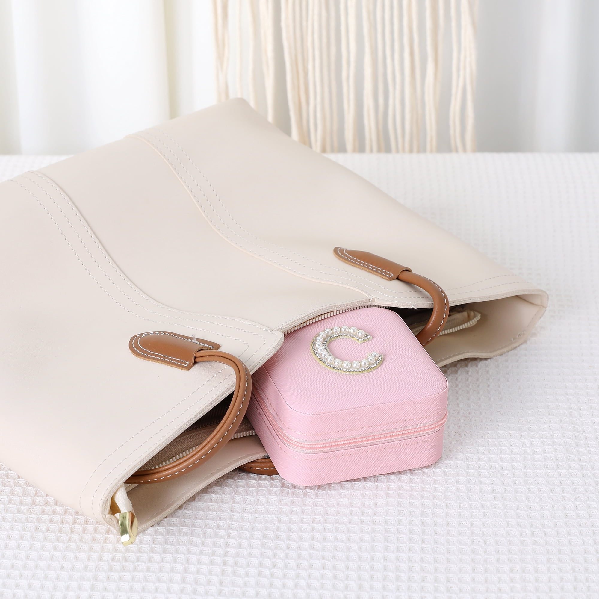 Unique Bargains Mini PU Leather Organizer Jewelry Box Storage Pink Letter C