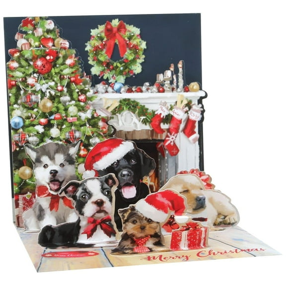 Up With Paper Christmas Puppies in Front of Fireplace Pop Up Christmas Card