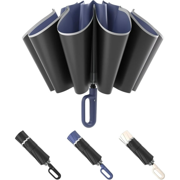 Inverted Umbrella with Carabiner Clip Handle & Reflective Strip- Reverse Folding Travel Umbrella Compact Auto Open/Close,10 Ribs Windproof for Women Men UV Sun & Rain Protection