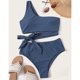 thumbnail image 2 of Traje de baño para mujer, talle alto, correa para un solo hombro, transpirable, elástico, simple, elegante, trajes de baño divididos para fiestas en la playa, gris, azul, S, 2 of 7