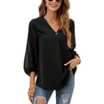thumbnail image 2 of hirigin Women's Spring Autumn Jacquard Shirt 3/4 Sleeve V Neck Patchwork Chiffon Blouses, 2 of 6