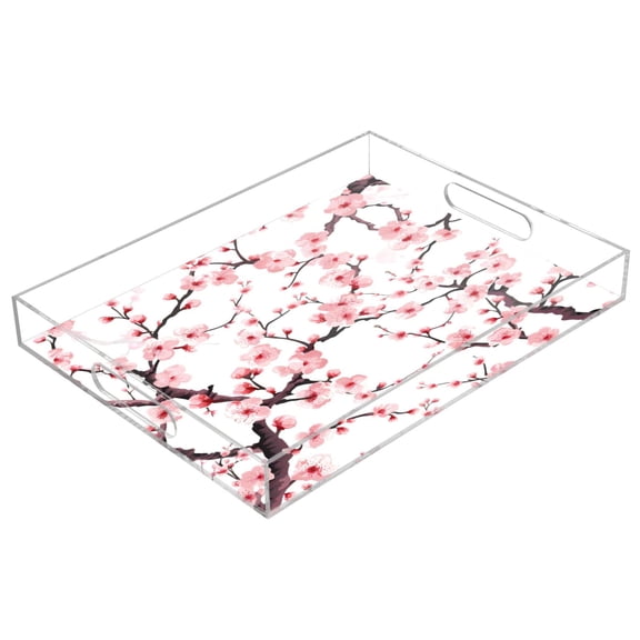 Acrylic Tray 15.7*11.8*1.9 Inch Transparent Tray Food Tray Tea Cup Tray Serving Trays Cosmetics Storage Kitchen Table Bathroom Sundry Storage Pink Cherry Blossom
