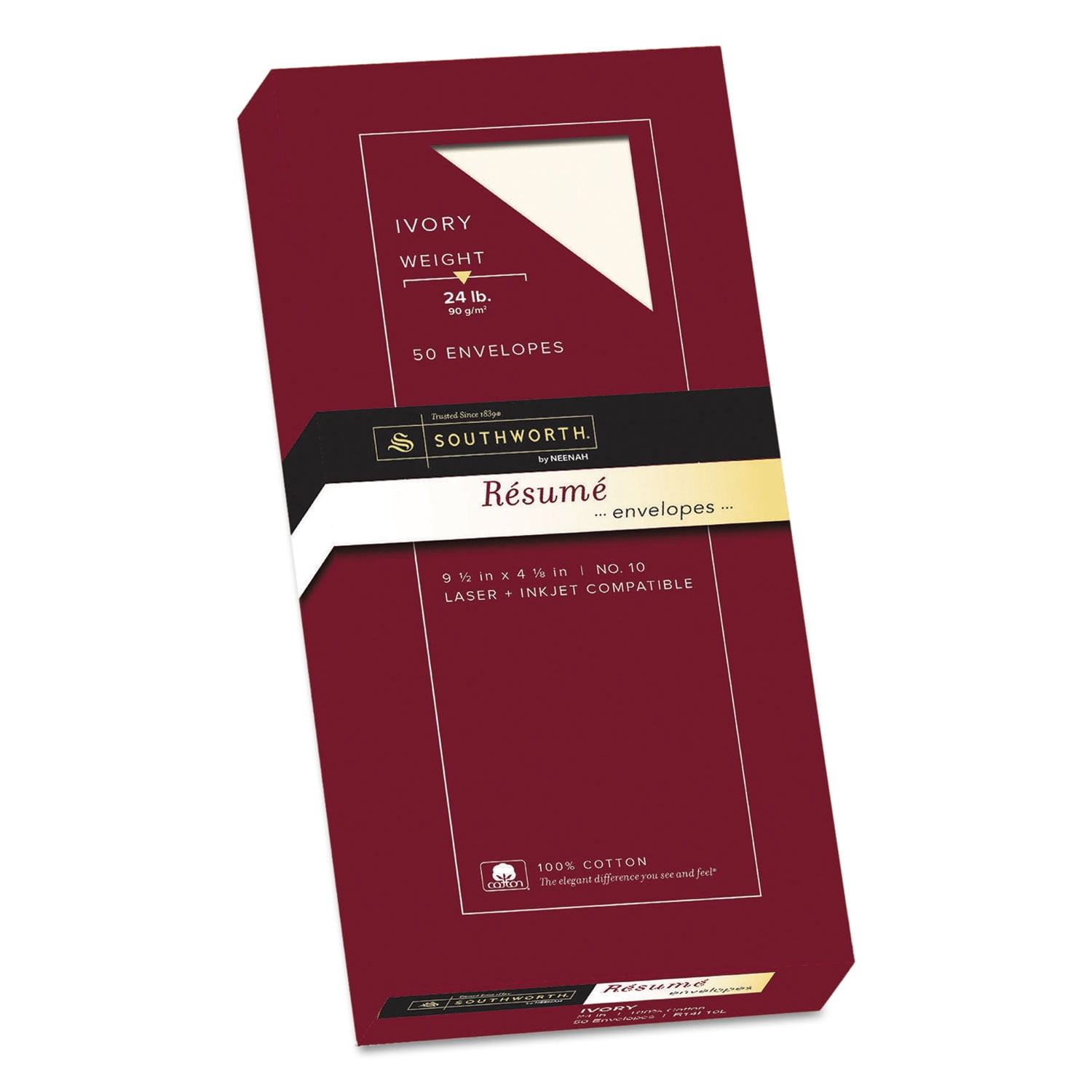 100% Cotton Resume Envelope 10, Commercial Flap, Gummed Closure, 4.13 x 9.5, White, 50/Box