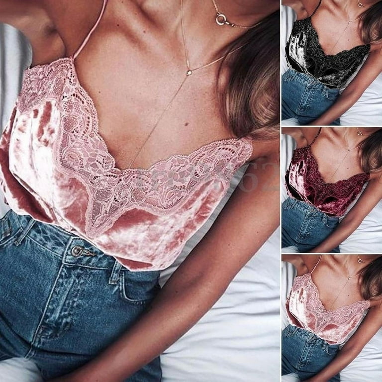 Women Ladies V Neck Slim Sleeveless Lace Velvet Vest Top Tank