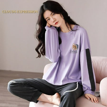 

QWZNDZGR Spring Autumn New 100%Cotton Elegant Women s Pajama Sets Pyjamas Sport Wind Sleepwear Long Pijama Mujer Nightsuit Home Lounge