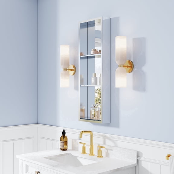 ANGELES HOME 12" x 36" Aluminum Medicine Cabinet, Recessed or Surface Mount Wall Bathroom Cabinet with 2 Shelves & 3Tempered Glass