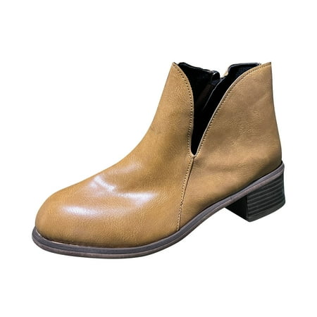 

Puawkoer Ladies Solid Color Leather Side Zipper Vintage Heel Fashion Short Boots