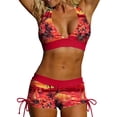 thumbnail image 2 of Wovilon Women's Floral Print Two Piece Swimsuit with Color Block Trim and Side Drawstring Shorts, Stylish Halter V-Neck Top for Summer Beach Vacation, 2 of 9