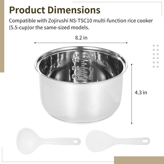 304 Stainless Steel Inner Pot for NS-TSC10, 3 L/5.5-Cup Rice Cooker Replacement, Easy Clean &