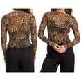 thumbnail image 3 of Women'S Mesh See Through T Shirt Fashion Money Print Long Sleeve Crop Top Slim Tee Tops Yellow Leopard S, 3 of 8