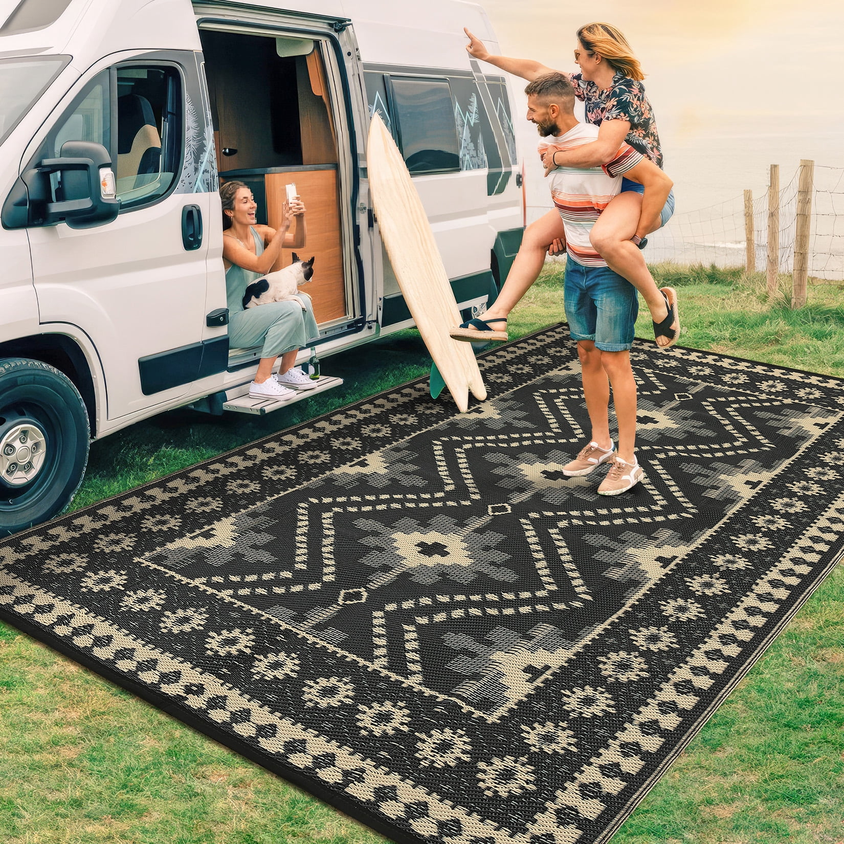 Garvee 8'x10' Outdoor Rug Waterproof Plastic Straw Rug, Reversible Camping Rugs Camping RV Mat Outside Vintage Diamond Carpet for Patio Deck Backyard Beach Picnic, Coffee