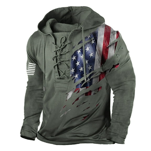 LWavelet Men’s Lace Up Hoodie Long Sleeve Pullover American Flag Graphic Print Patriotic Casual Sweatshirt for Everyday Wear