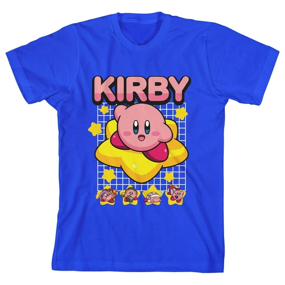 Kirby Riding Warp Star Grid Background Boy's Royal Blue T-Shirt-Medium