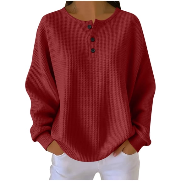 DISKEBUISS Women's Waffle Knit Henley T-Shirts Loose Long Sleeve Crew Neck Casual Sweatshirts Pullover for Fall Winter