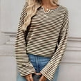 thumbnail image 7 of Lenpel Women's Long Sleeve Tops Trendy Notched V Neck Striped Textured Knit T Shirts Soft Casual Tees Loose Tunic Blouses(Brown,X-Large), 7 of 7