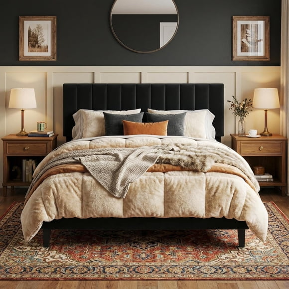 Full Size Bed Frame, Velvet Upholstered Platform Bed with Adjustable Vertical Channel Tufted Headboard, No Box Spring Needed, Easy Assembly, Black