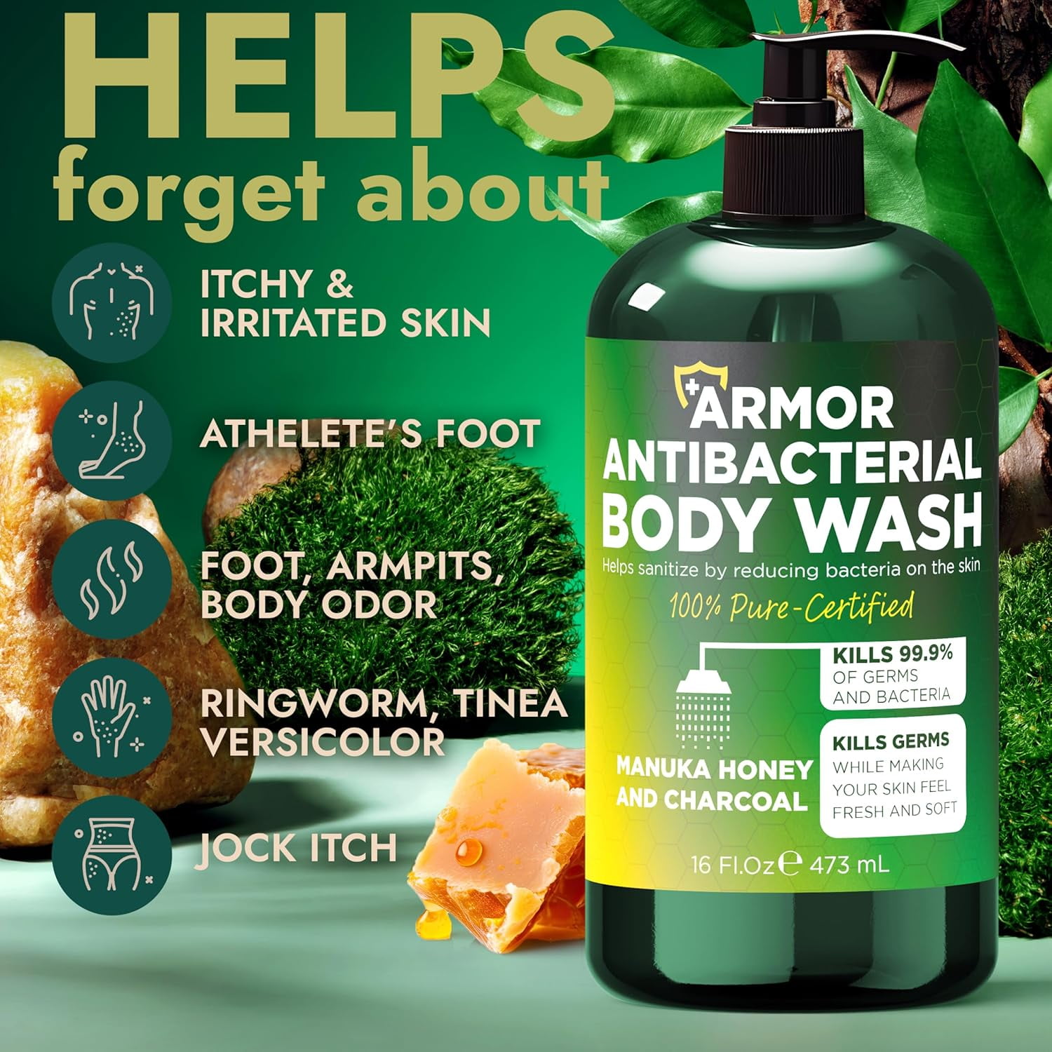Antibacterial Body Wash | Antibacterial Soap for Men & Women | Kills 99.9% of Germs & Bacteria | Helps with Back Acne, Body Odor & Skin Irritation | Manuka Honey & Charcoal, 16 fl oz