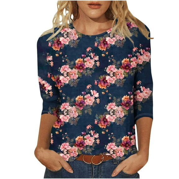 3/4 Length Sleeve Womens Tops 2025 Summer Crew Neck Tees Loose Fit Tee Shirts Tie-Dye Gradient Print Tuncis Blouses Dressy Causal Blouses