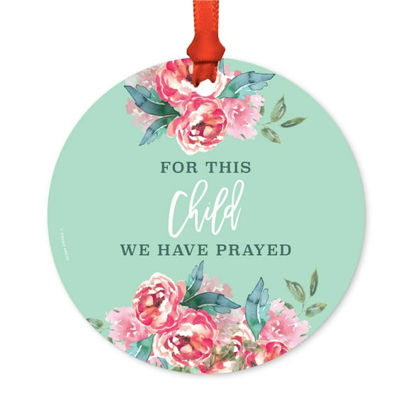 Round Metal Christmas Ornament, For This Child We Have Prayed, Pink, Includes Ribbon and Gift Bag