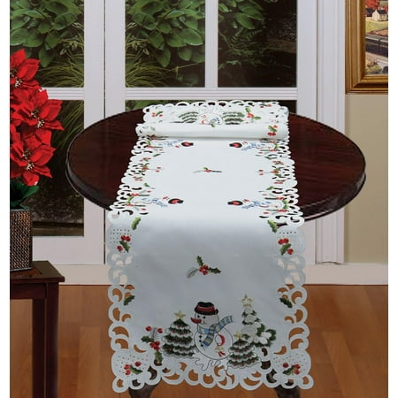 

Holiday Embroidered Snowman And Christmas Tree Table Runner 15X69 Dresser Scarf White