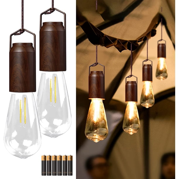 Paquete de 2 bombillas para tienda de campaña con pilas, luz LED vintage portátil para colgar al aire libre, colgante de huracán, iluminación de emergencia, linterna para senderismo, mochilero,