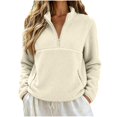 thumbnail image 2 of Womens Fuzzy Fleece Quarter Zip Pullover Sherpa Mockneck Sweatshirts Mock Neck Pullover Sweatshirts, Fluffy Sweatshirts with Zipper Pockets, Warm Fall Winter Jacket, Travel Beige M, 2 of 8