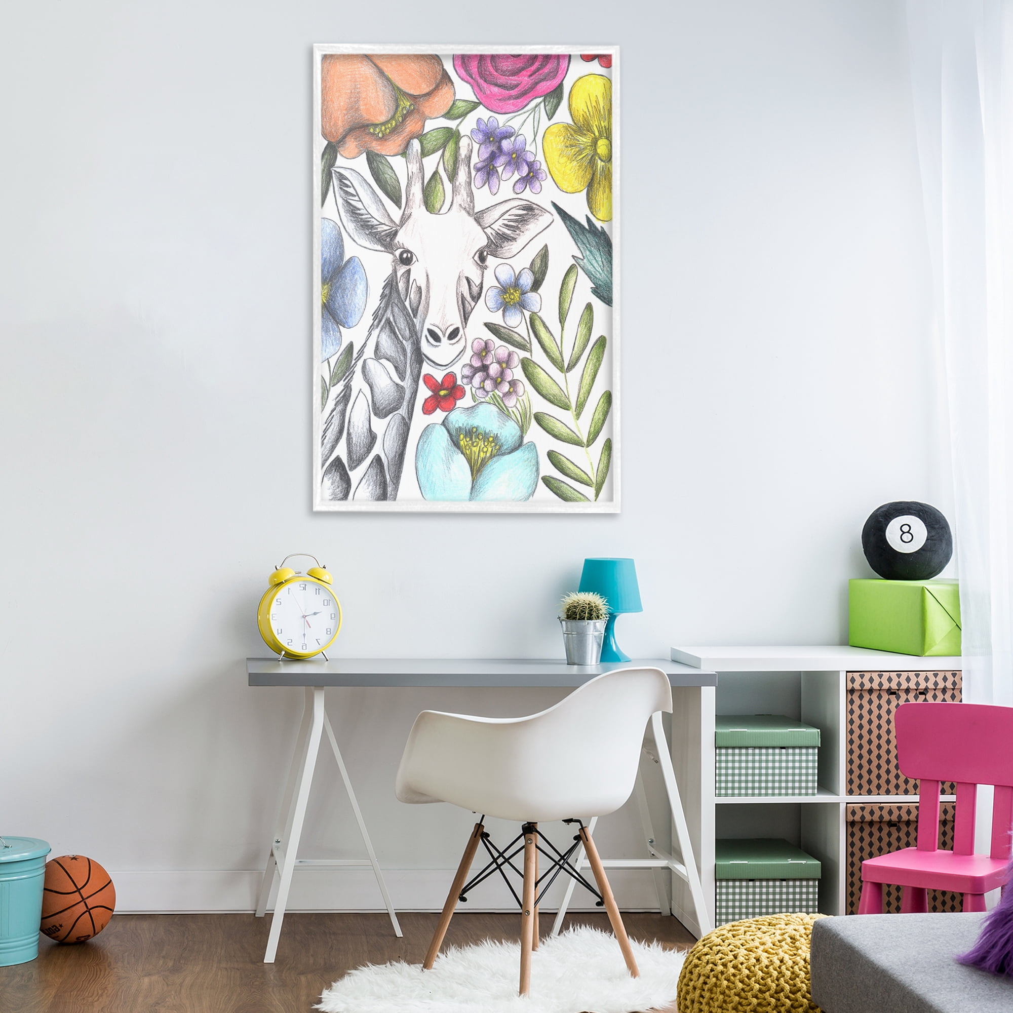 Giraffe In The Midst of Flowers White Framed Giclee Art, design by Cecilia Battaini