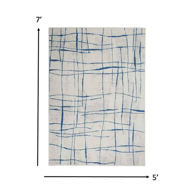 homeroots home decor 385863 5’ x 7’ Ivory and Blue Irregular Grids Area Rug