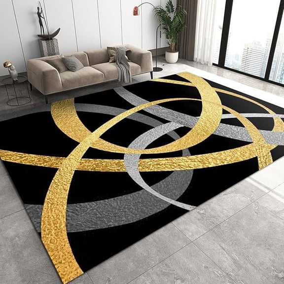Light Luxury Irregular Stripes Area Rug For Living Room, Modern Black Gold Gray Indoor Area Rug, Non-Slip Soft Easy Clean Foldable Washable Mat For Bedroom Entryway Hallway 4x5ft