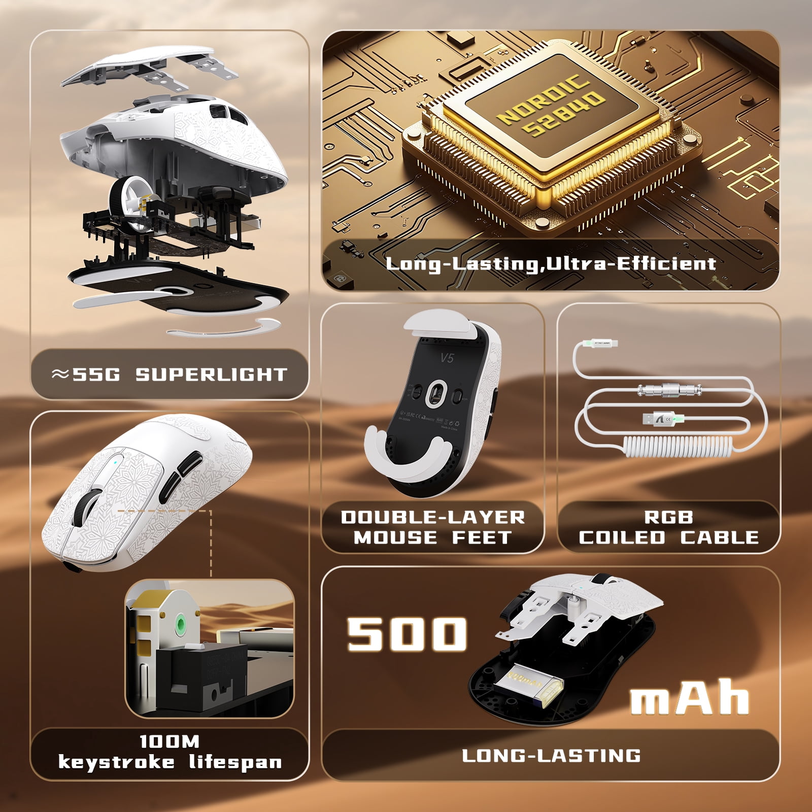 ATTACK SHARK V5 Wireless Gaming Mouse, Tri-Mode 2.4G/USB-C Wired/Bluetooth, PAW3950MAX Sensor, 42000 DPI, 55g Ultra-Lightweight Design, Grip Tape Included, White