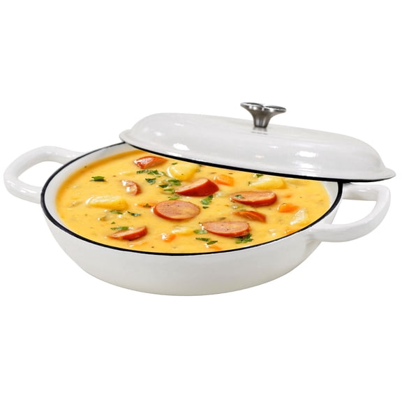 Enameled Cast Iron Braiser Pan, 3.8 Quart Shallow Dutch Oven with Lid, Heavy Duty Casserole Skillet with Dual Handles for Family or Friends Gifts, Oven-Safe to 500°F, White