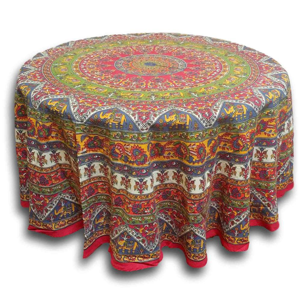 Handmade Cotton Sanganer Peacock Floral Tablecloth Rectangular 60 x 90 inches Red Off White Orange Green Blue