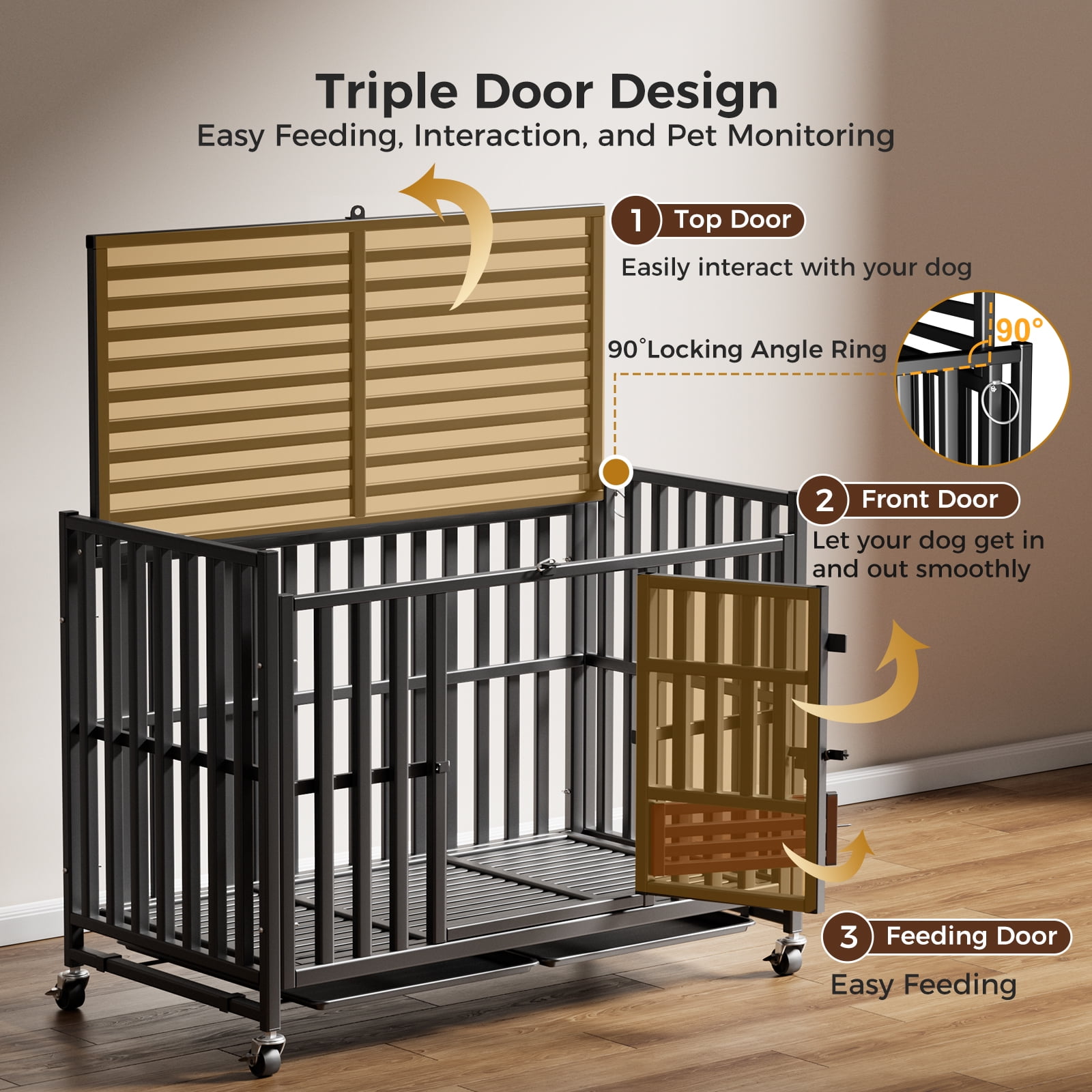 Heavy Duty Dog Crate 43 Inch, Escape-Proof Indestructible Cage for High-Anxiety Dogs, 3-Door Kennel with 4 Lockable Wheels and 2 Removable Trays Ideal for Large & Medium Breeds
