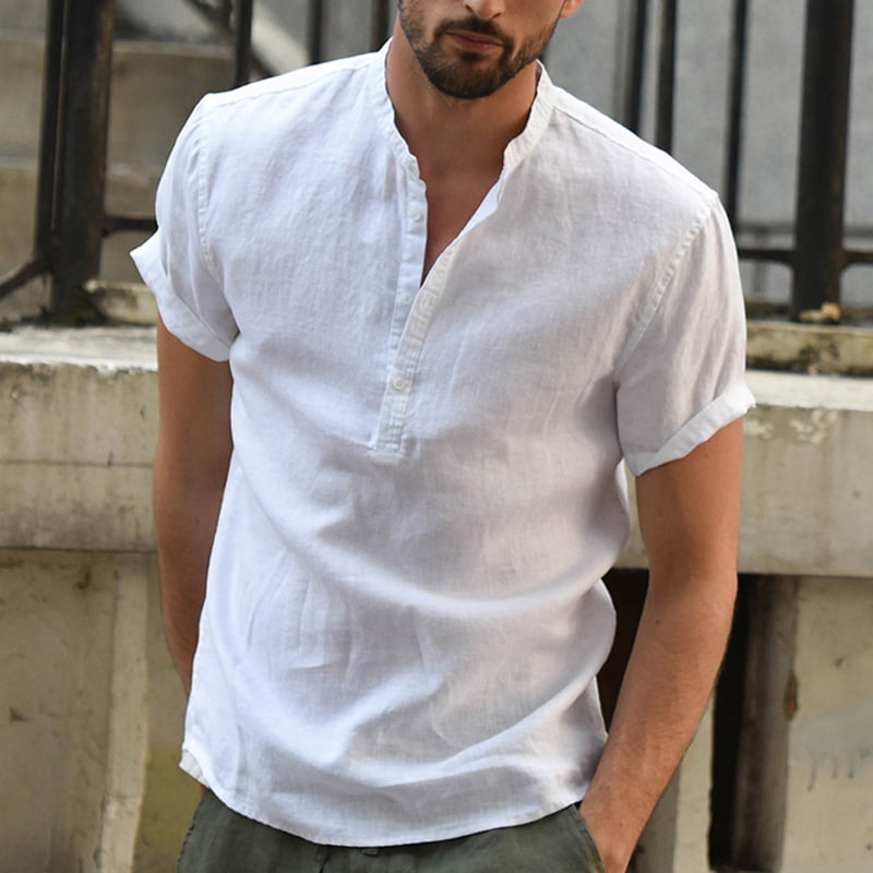 Incerun - Men's Short Sleeve Collarless Cotton Linen T-Shirts Casual ...