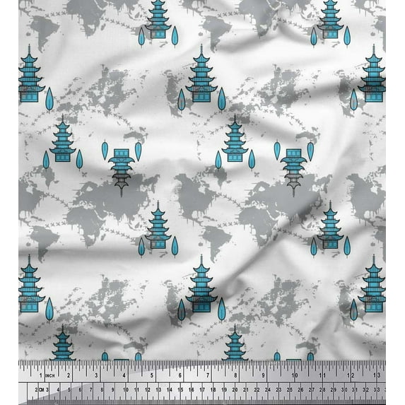 Soimoi Blue Poly Georgette Fabric Tree & World Map Printed Craft Fabric by the Yard 52 Inch Wide