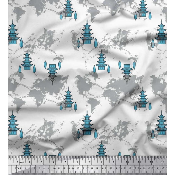 Soimoi Blue Georgette Viscose Fabric Tree & World Map Decor Fabric Printed Yard 42 Inch Wide