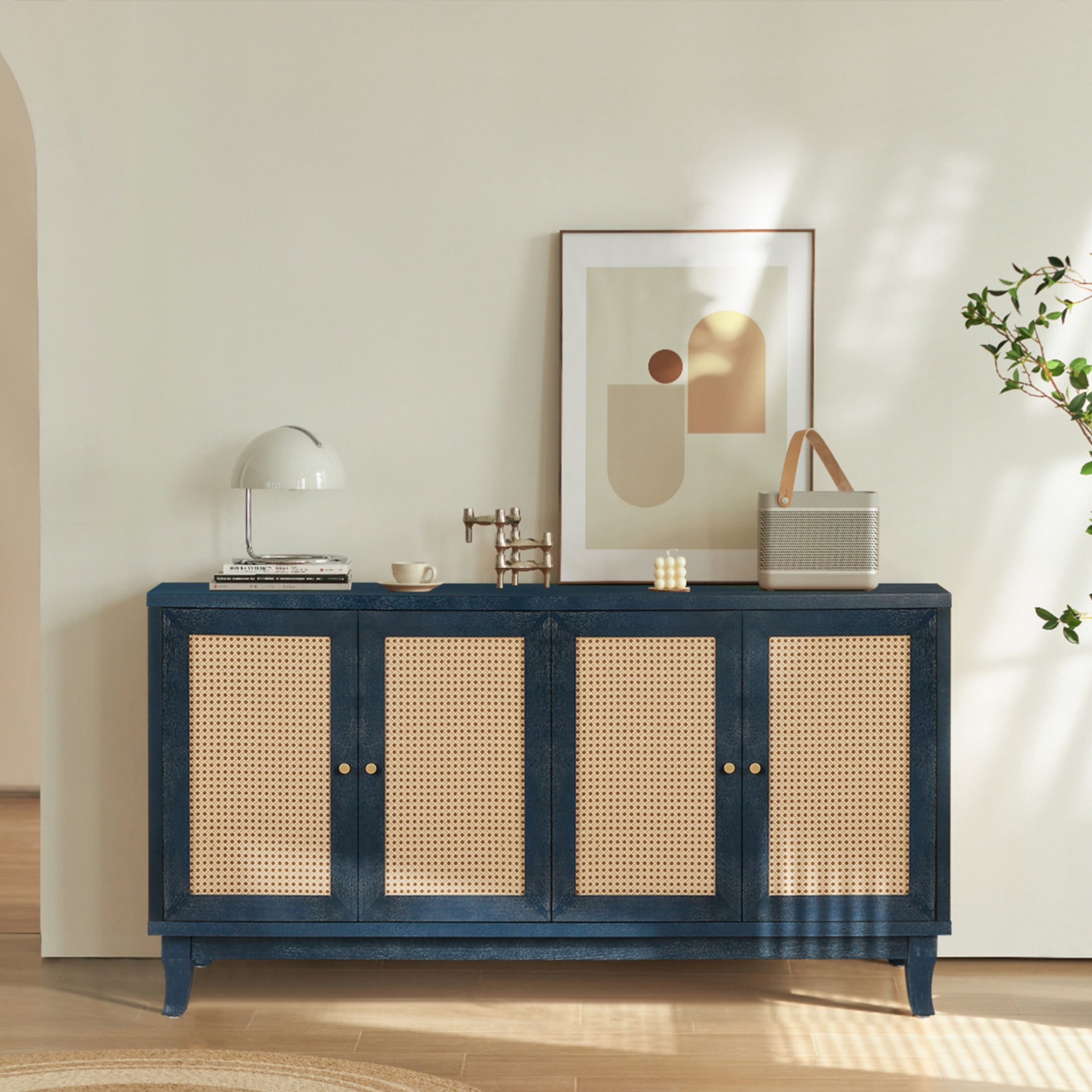 Noble House Handcrafted Rattan Sideboard Buffet Cabinet with 4 Doors and Adjustable Shelves, Modern Accent Storage Console, Antique Navy Blue