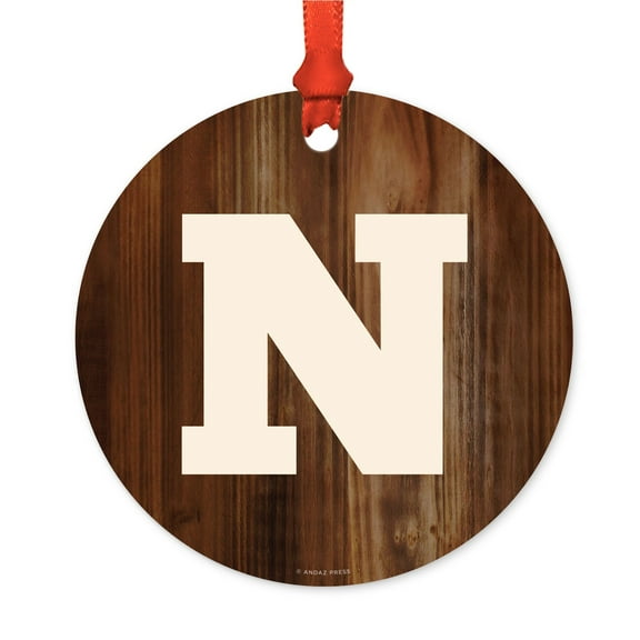 Metal Christmas Ornament, Monogram Letter N, Rustic Wood, Includes Ribbon and Gift Bag