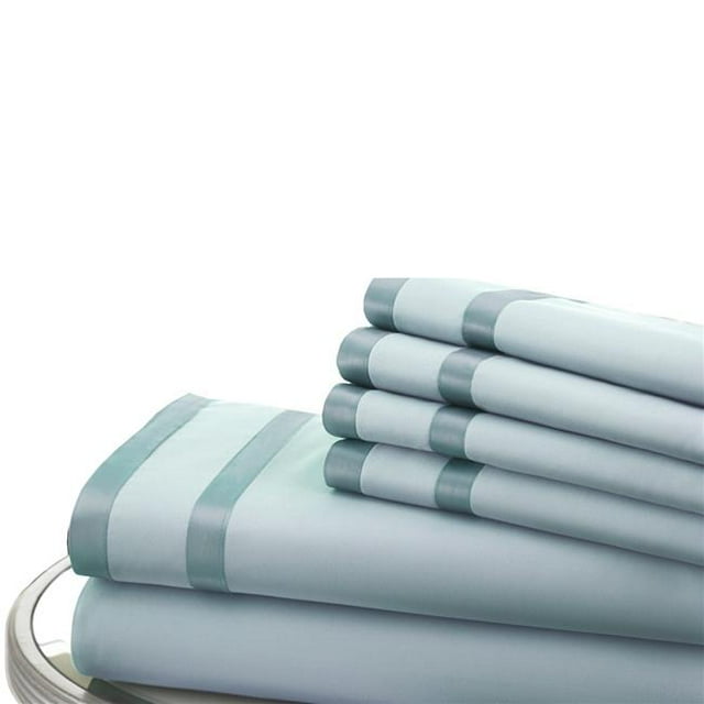 Benzara BM202212 Lille Full Size Sheet Set with Double Satin Band, Blue - 6 Piece