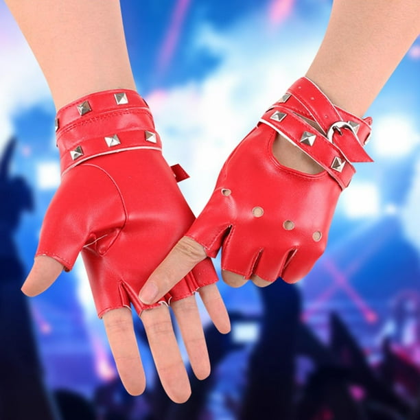 Faux Leather Fingerless Gloves Rivets Decor Hollow Out Punk Gloves
