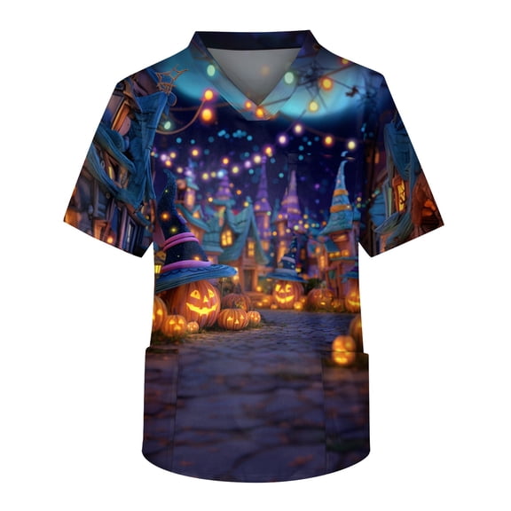 Satingcolo Men's Fit Halloween Scrub Tops Plus Size V-Neck Short Sleeve Halloween Themed Print Funny Medical Workwear with Pocket Dark Blue 2XL