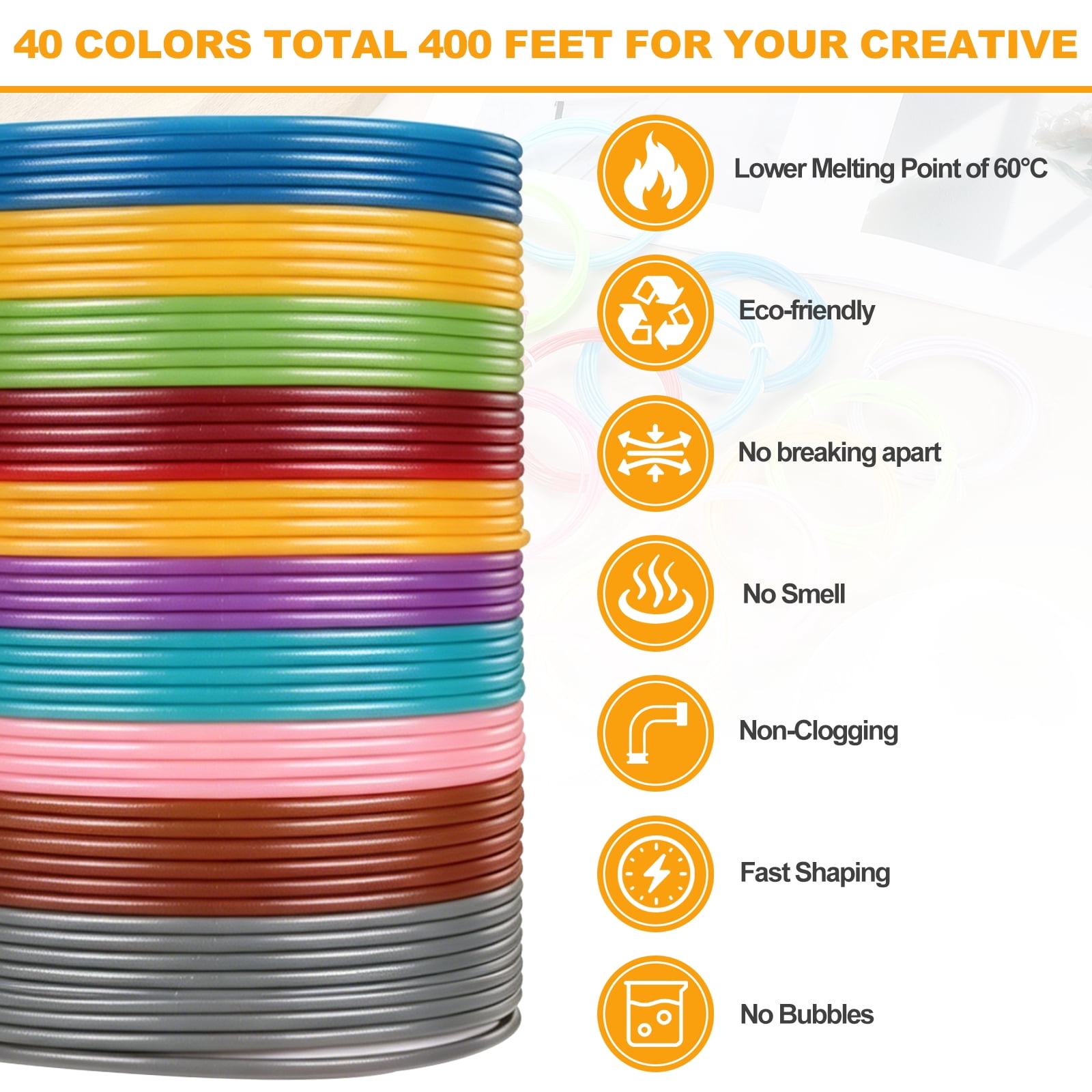 Uxcell 40 Colors 3D Pen Filament, 1.75mm Each 10FT, Total 400FT PCL Filament Refills Low Printing Temperature for 3D Drawing Pens
